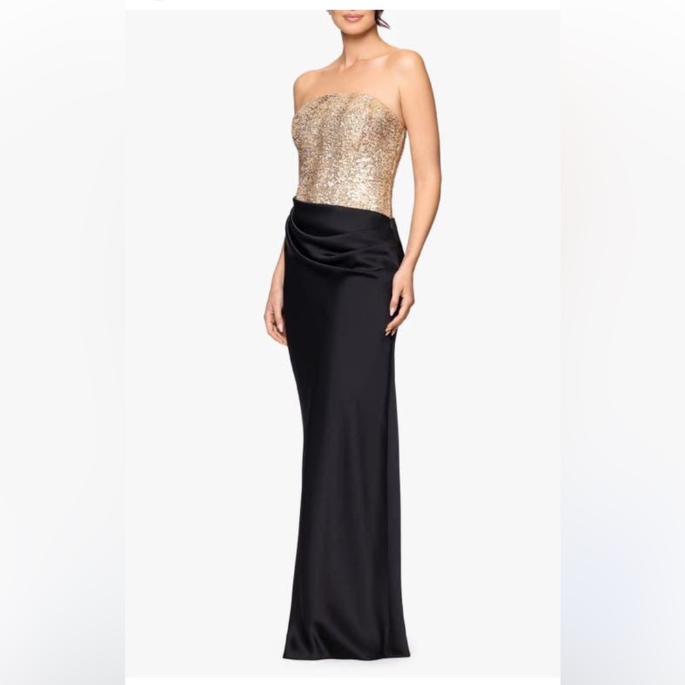 Betsy & Adam Gold Sequin Black Strapless Corset Gathered Draped Maxi Dress - Picture 3 of 13